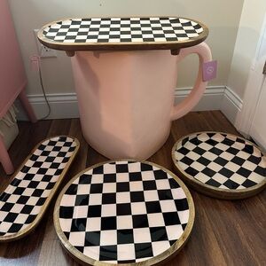 Set of Made in India Black & White Checkerboard Trays, Platter & Trivet